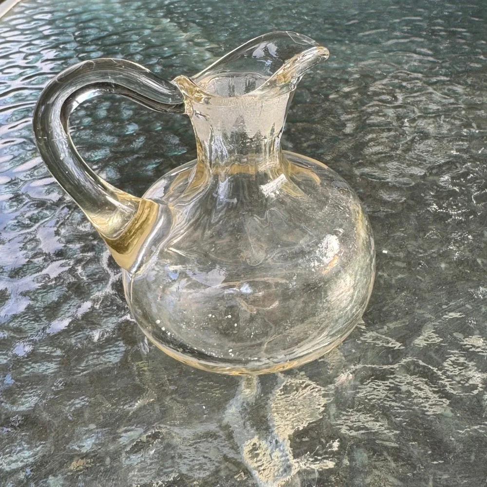 Vintage Hand Blown Clear Glass Oil Cruet Pitcher with Applied Handle 5.5